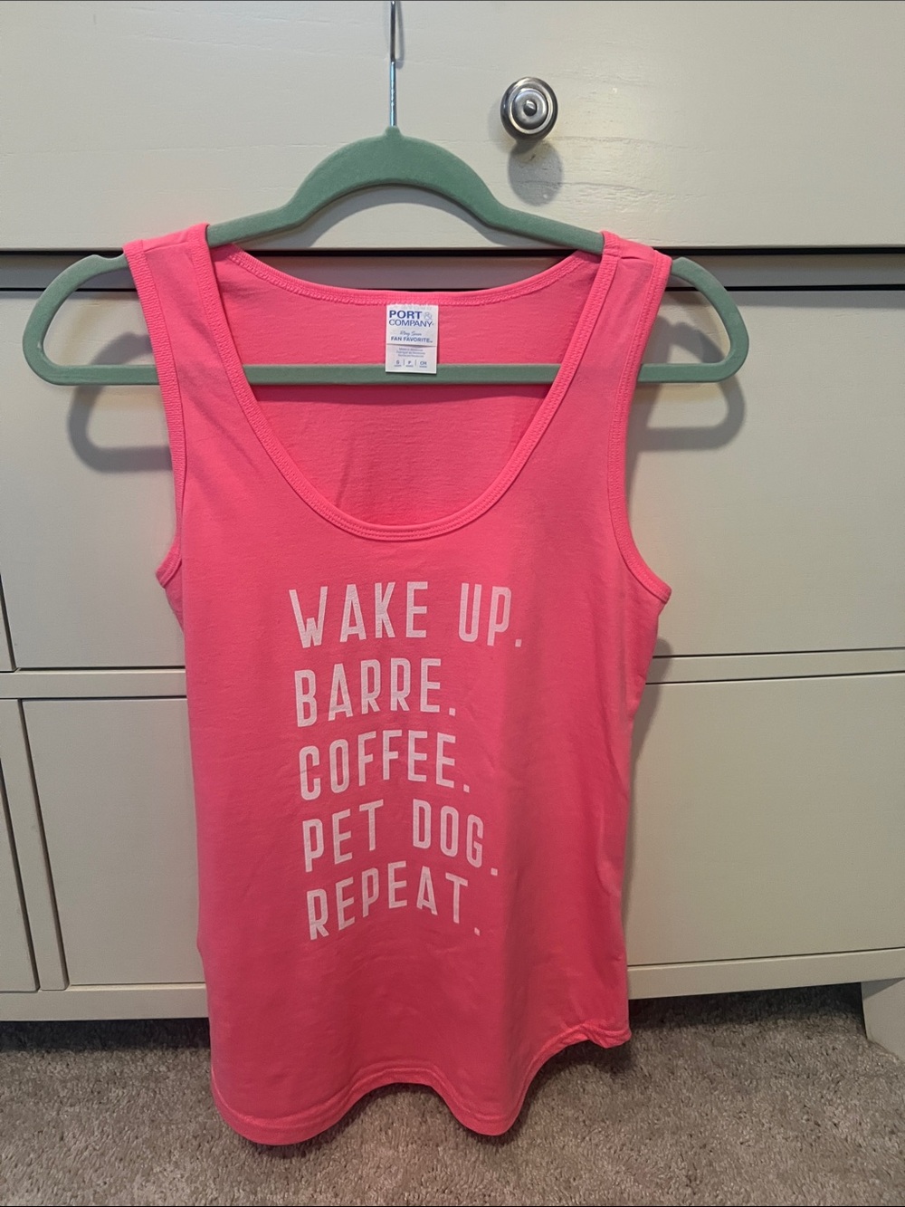 NWOT Port & company neon pink barre, coffee, dogs tank top small